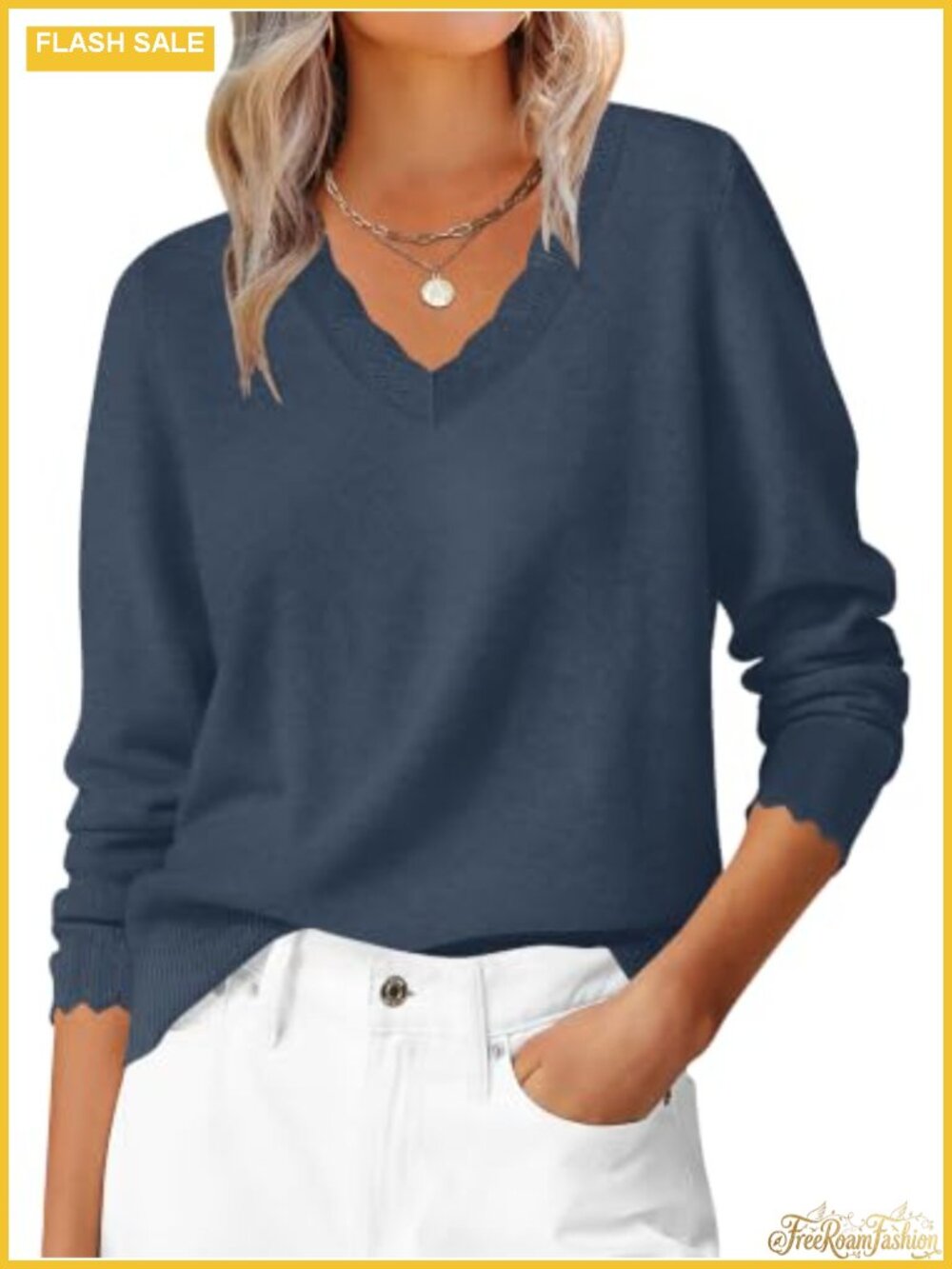 Women Scalloped V Neck Sweater Long Sleeve Loose Knit Top